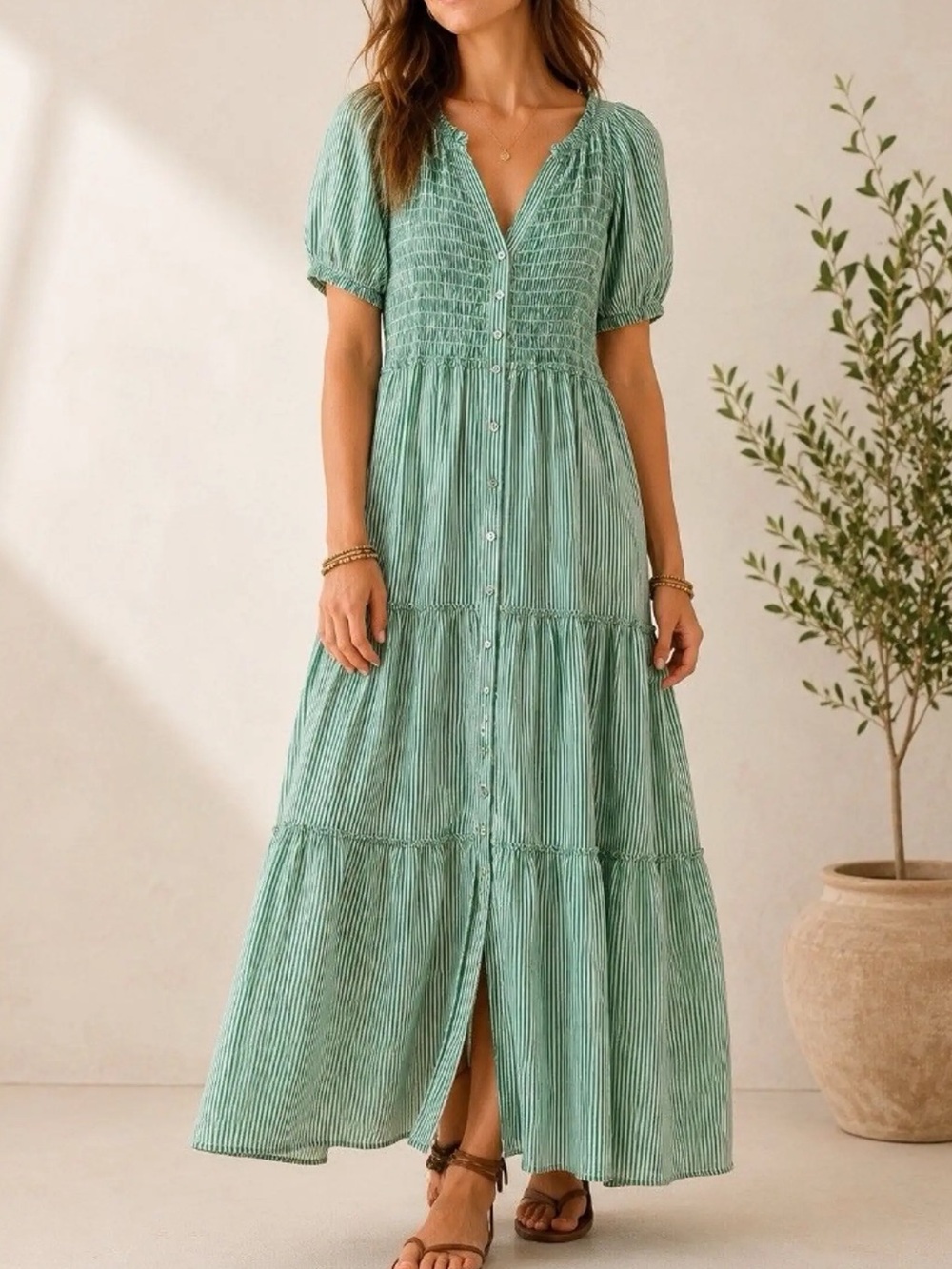 Sundance Green Striped Smocked Tiered Maxi Dress Petite Large PL 57263